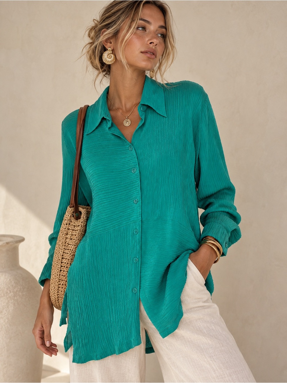 Vintage Diane Gilman Collection Teal 100% Silk Pleated Collared Blouse Size LG